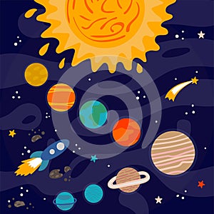 Cartoon Solar system. Heavenly science poster with space objects. Colorful planets on space background sun stars and astronomy