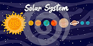 Cartoon Solar system. Heavenly science poster with space objects. Colorful planets on space background, sun stars and astronomy