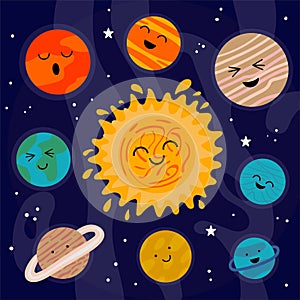Cartoon Solar system. Heavenly science poster with space objects with cute faces. Colorful planets on space background sun stars,