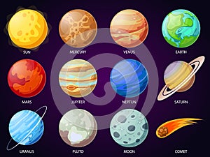 Cartoon solar system planets. Astronomical observatory planet, meteor and star. Astronomy vector icons set