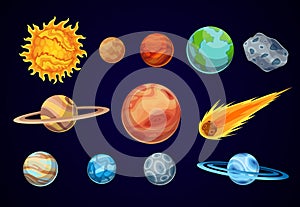 Cartoon solar system planets. Astronomical observatory small planet. Astronomy galaxy space. Sun Mercury Venus Earth