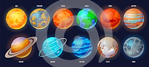 Cartoon solar system planets. Astronomy set with Sun, Mercury, Venus, Earth, Mars, Jupiter, Saturn, Uranus, Neptune, Pluto and