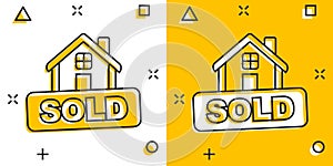 Cartoon sold house icon in comic style. Home illustration pictogram. Sale sign splash business concept