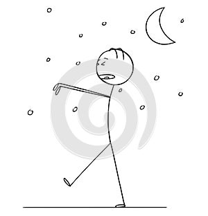 Cartoon of Somnambulant Man Sleepwalking in Night