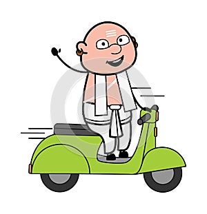 Cartoon South Indian Pandit Riding Scooter