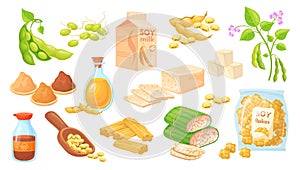 Cartoon soy food. Soybean cooking ingredients, tofu skin tempeh soya beans edamame sprout plant miso paste sauce milk