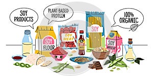 Cartoon soy products composition. Alternative vegan plant proteins, beans foods and organic ingredients on table, milk, tofu and