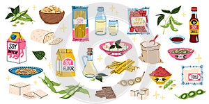 Cartoon soy products. Vegan protein organic food set, white beans ingredients, tofu and sauce, milk and oil, legumes raw