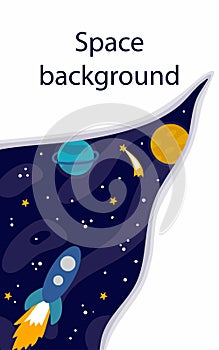 Cartoon Space background. Heavenly science poster with space objects and copy space. Colorful planets, sun and rocket on space,