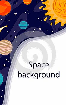 Cartoon Space background. Heavenly science poster with space objects and copy space. Colorful planets, sun and rocket on space,