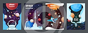 Cartoon space banners. Galaxy universe science child astronaut modern planet poster study banner. Vector brochure space