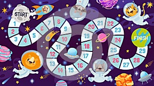 Cartoon space board game for kids with animals astronauts. Path map for children galaxy dice play. Cosmos race strategy