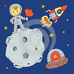 Cartoon space for children. Moon, stars, planet, asteroid, astrounaut, rocket, spaceship, alien, ufo. Adventure, travel