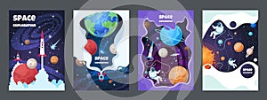 Cartoon space flyer. Universe galaxy banner planet science poster astronaut poster frame brochure cover design. Vector