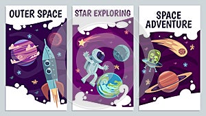 Cartoon space flyers. Astronomy future presentation. Galaxy explorers, universe journey with astronaut, comet and rocket