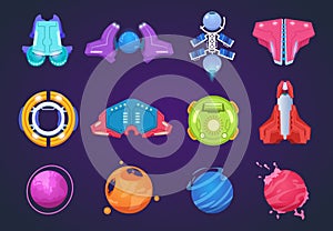 Cartoon space icons. Spaceships alien planets ufo aerospace rockets and missiles. Space kids fantastic game items