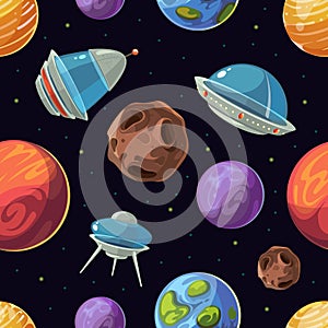Cartoon space with planets, spaceships, ufo vector seamless background