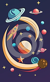 cartoon space. The rocket is flying among the stars and planets. paper cut. vector illustration