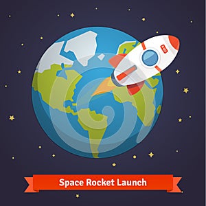 Cartoon space rocket leaving earth orbit