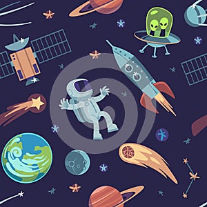 Cartoon space seamless background. Hand drawn galaxy pattern with spaceships satellites planets astronauts, kids doodle