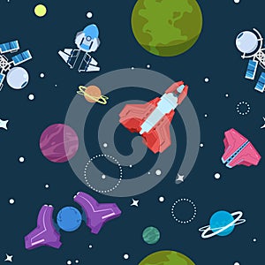 Cartoon space seamless pattern. Alien planets ufo rockets and missiles. Galaxy kid boy room vector wallpaper photo