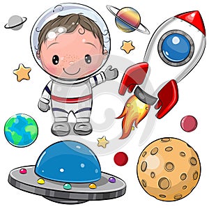 Cartoon space set of astronaut, rocket and planets