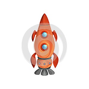 Cartoon space ship launch with porthole windows. Red manned rocket. Flying spacecraft. Cosmos, galaxy theme. Flat vector