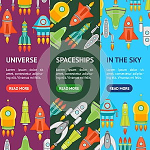 Cartoon Space Ship or Rocket Banner Vecrtical Set. Vector