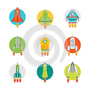 Cartoon Space Ship or Rocket Color Icons Set. Vector