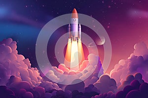 Cartoon space ship rocket taking off. The image is generated with the use of an AI.