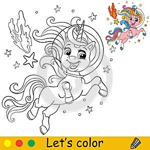 Cartoon space unicorn with comet coloring book page vector