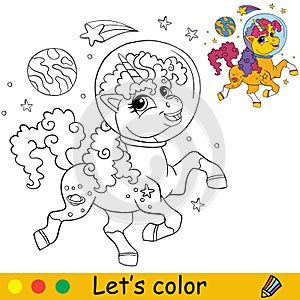 Cartoon space unicorn with stars coloring book page vector