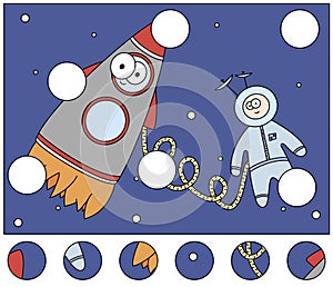 Cartoon spaceman and rocket in the open space. Complete the puzzle and find the missing parts of the picture. Game for kids
