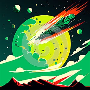 Cartoon spaceship flying on the background of the planet. Vector illustration AI Generated