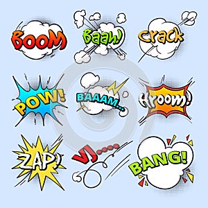 Cartoon speech bubbles, explode bang sound with comic text elements vector collection