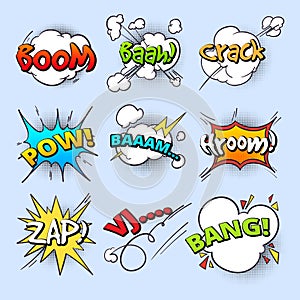 Cartoon speech bubbles, explode bang sound with comic text elements vector collection photo