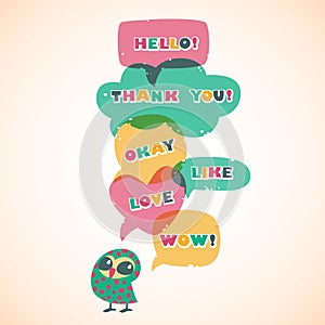 Cartoon speech bubbles with owl. Different sizes and forms.