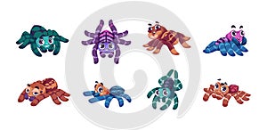 Cartoon spider. Cute child insect mascot with funny big eyes for kids illustration. Colorful tarantula collection photo