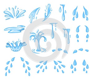 Cartoon splashes and drops. Tears, sweat or water spray and flow, falling blue water droplets. Raindrops, puddle