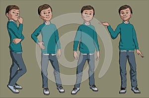 Cartoon spokesperson young man standing 4 poses showing thinking free style full length illustration