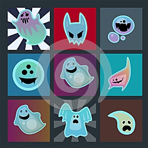 Cartoon spooky ghost character scary cards monster costume evil silhouette creepy phantom spectre apparition vector