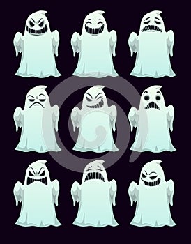 Cartoon spooky ghosts with different emotions. Halloween stickers set.