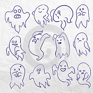 Cartoon spooky sketchy Ghost character vector set. Holiday monster design. Costume evil silhouette Helloween night