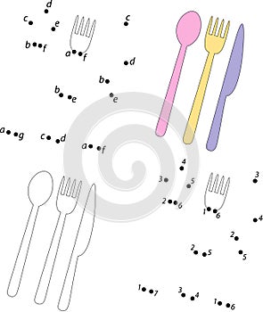 Cartoon spoon, knife and fork. Coloring book and dot to dot game