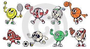 Cartoon sport ball mascot. Sports equipment characters for tennis, basketball, golf, volleyball, bowling, football and