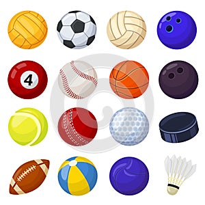 Cartoon sport balls, different sports games equipment. Soccer, volleyball, golf, football, baseball, billiard, cricket
