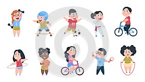 Cartoon sport kids. Boys and girls playing ball, group of children ride on bike, do active physical exercises. Vector