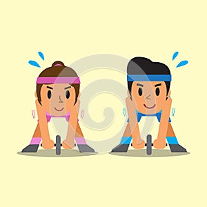 Cartoon sport man and woman doing ab wheel rollout exercise