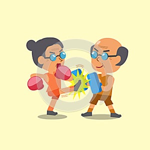 Cartoon sport old woman and old man doing kickboxing training