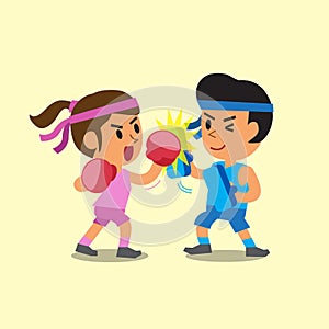 Cartoon sport woman and man doing uppercut punch training